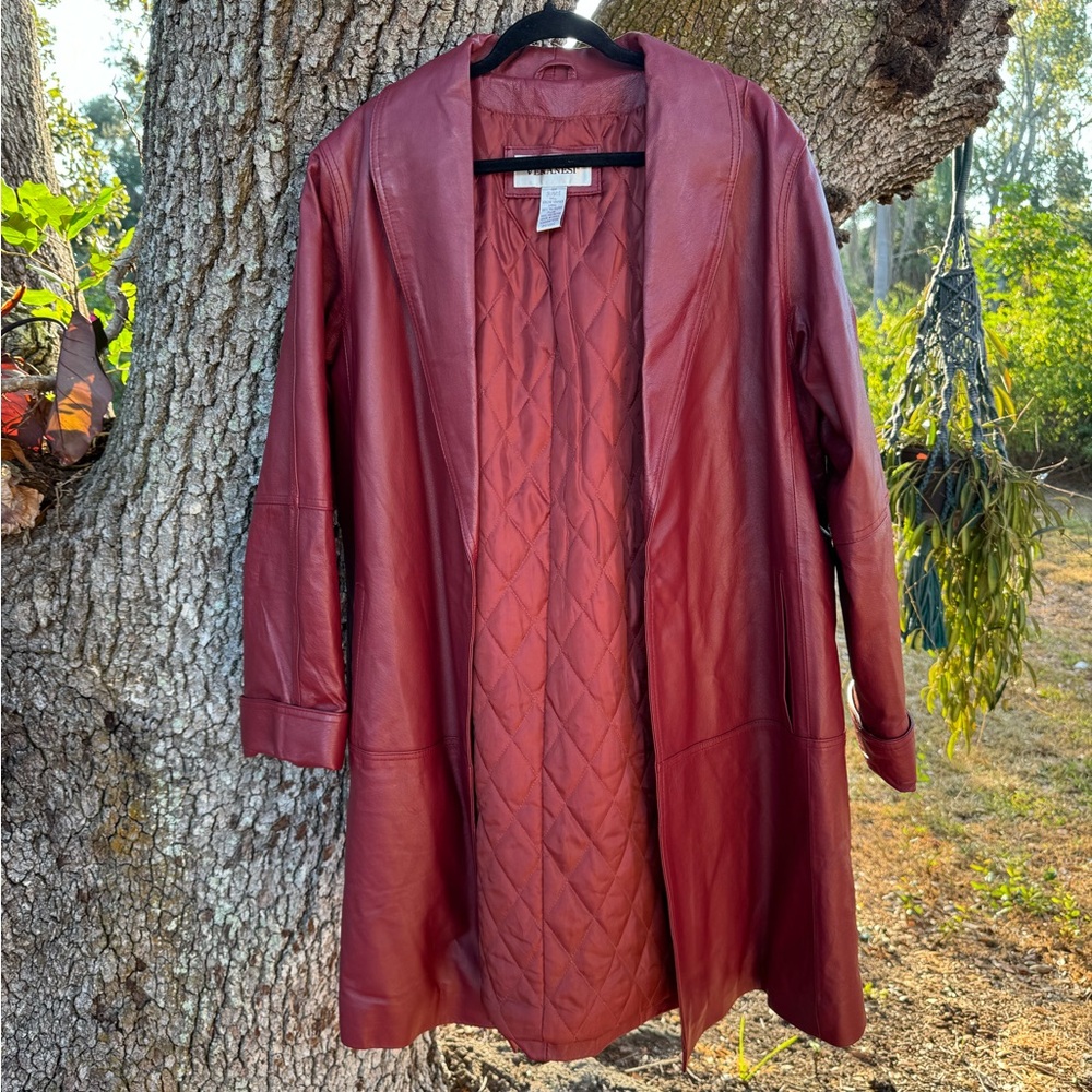 20W Vintage Burgundy red Leather longline swing coat byVeranesi.Size 20W